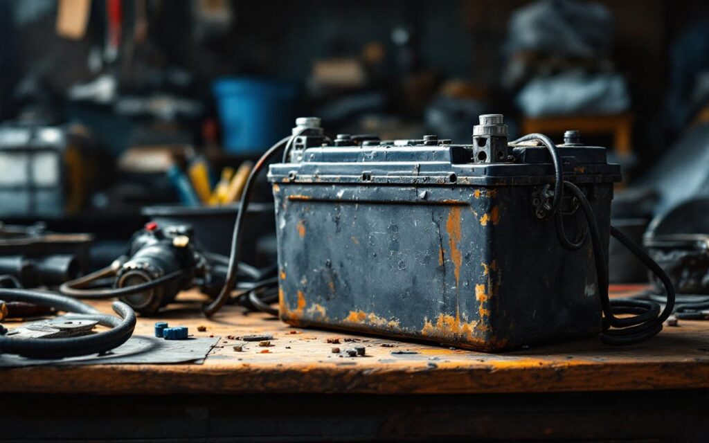 Illustration réaliste d’une batterie de moto usagée posée sur un établi de garage, avec ambiance de recyclage et métaux recyclables en arrière-plan.