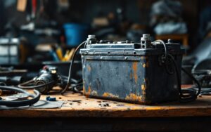 Illustration réaliste d’une batterie de moto usagée posée sur un établi de garage, avec ambiance de recyclage et métaux recyclables en arrière-plan.