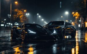 Supercar noire brillante et SUV de luxe garés côte à côte dans une ville la nuit, éclairage cinématographique, reflets sur l’asphalte et atmosphère de collection automobile prestigieuse.