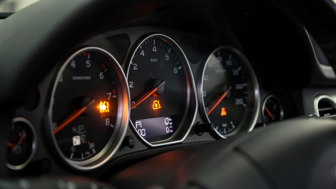 Gros plan réaliste du tableau de bord d’une voiture avec un voyant orange d’injection allumé, éclairage technique et détails des cadrans visibles.