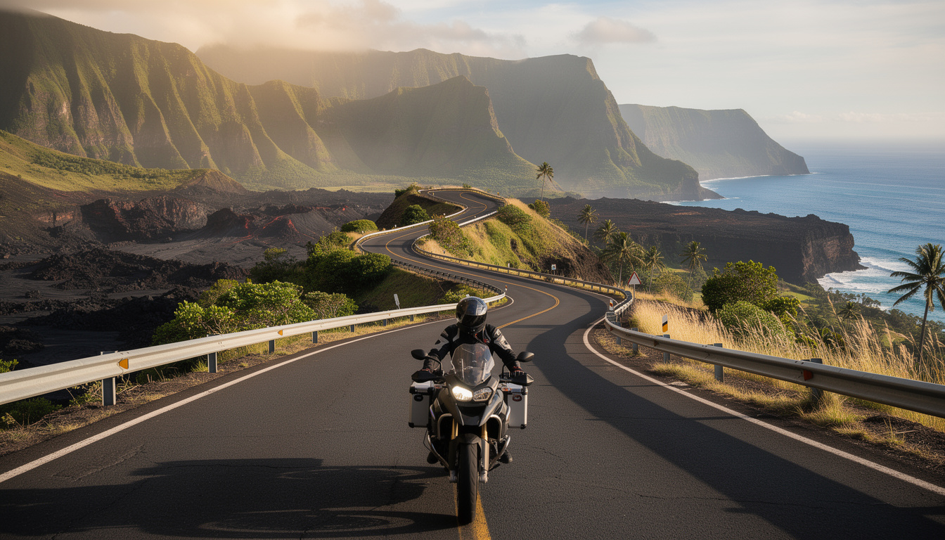 partez en road trip à moto à la réunion et découvrez les cirques, les paysages volcaniques et le littoral lors d’un tour inoubliable de l’île.