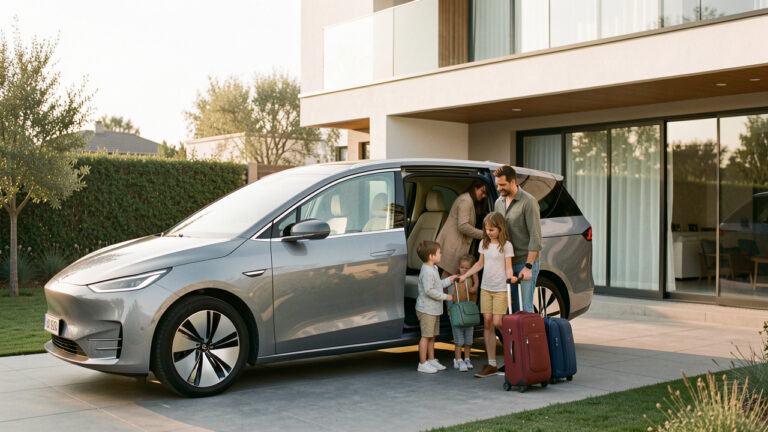 Monospace électrique familial au design futuriste stationné devant une maison moderne, tandis qu’un couple et deux enfants chargent des bagages.