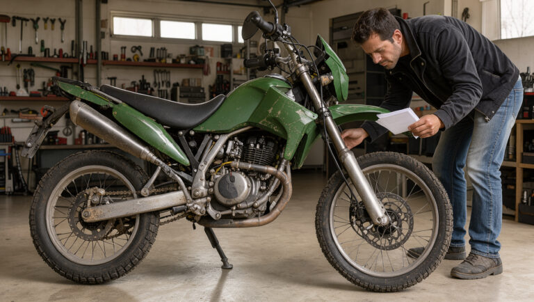 Un homme inspecte le moteur d’une moto d’aventure verte d’occasion dans un garage lumineux, avec des documents d’entretien vierges à la main.