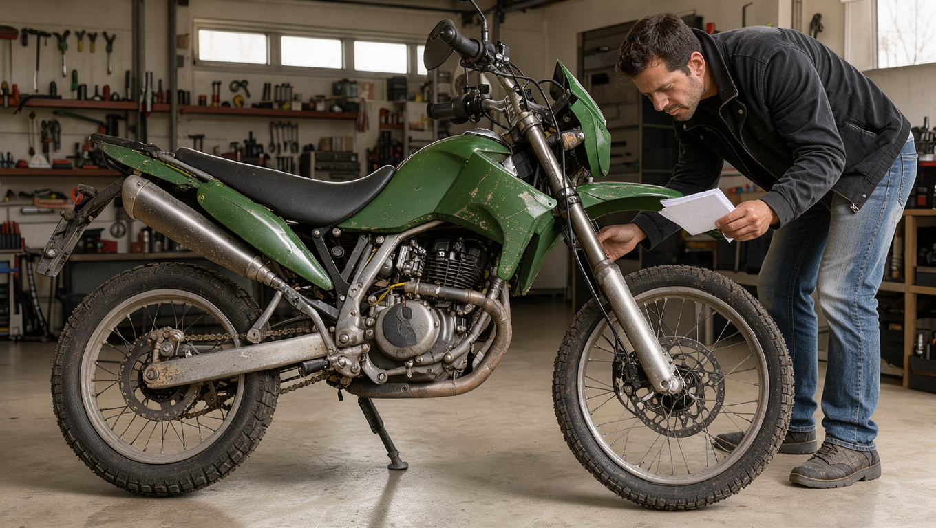 Un homme inspecte le moteur d’une moto d’aventure verte d’occasion dans un garage lumineux, avec des documents d’entretien vierges à la main.